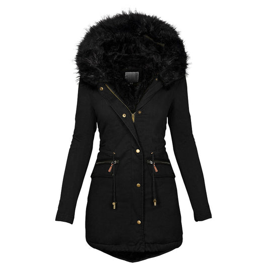 Women's parka jackets with hood and zipper for winter.
