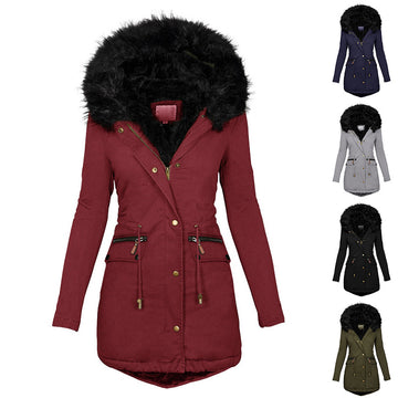 Women's parka jackets with hood and zipper for winter.